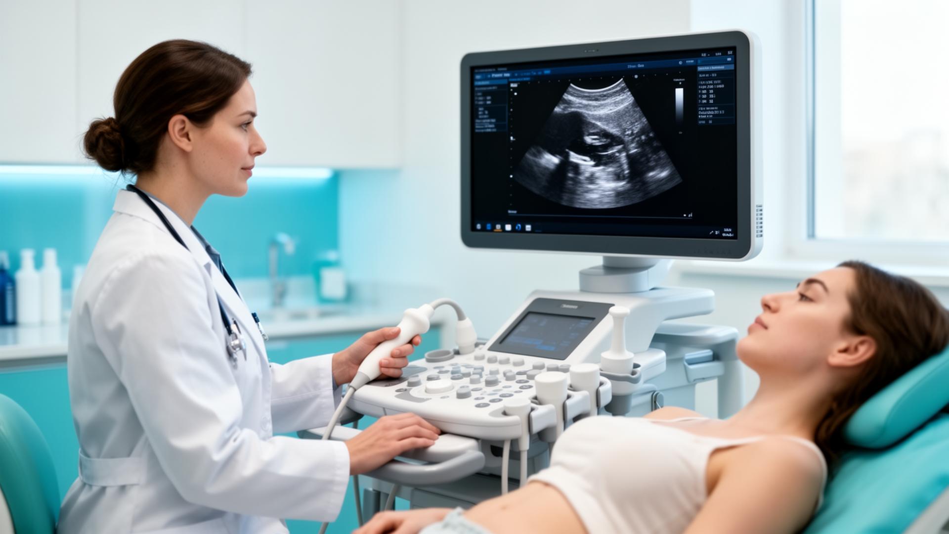 Clinician performing an ultrasound scan with a live image on the monitor