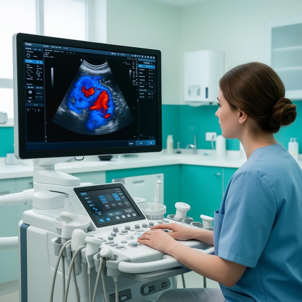 Echocardiography scan displayed on an ultrasound machine during a cardiac module